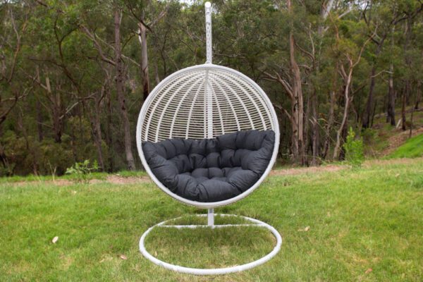 Istanbul White Wicker Hanging Chair with Charcoal Cushion